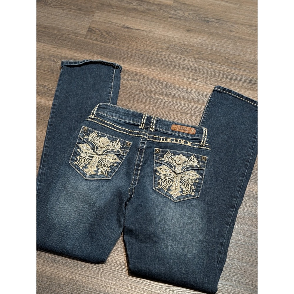 Sexy Couture Bootcut Jeans Dark Wash Embroidered Cross Rhinestone Y2K 29x31.5